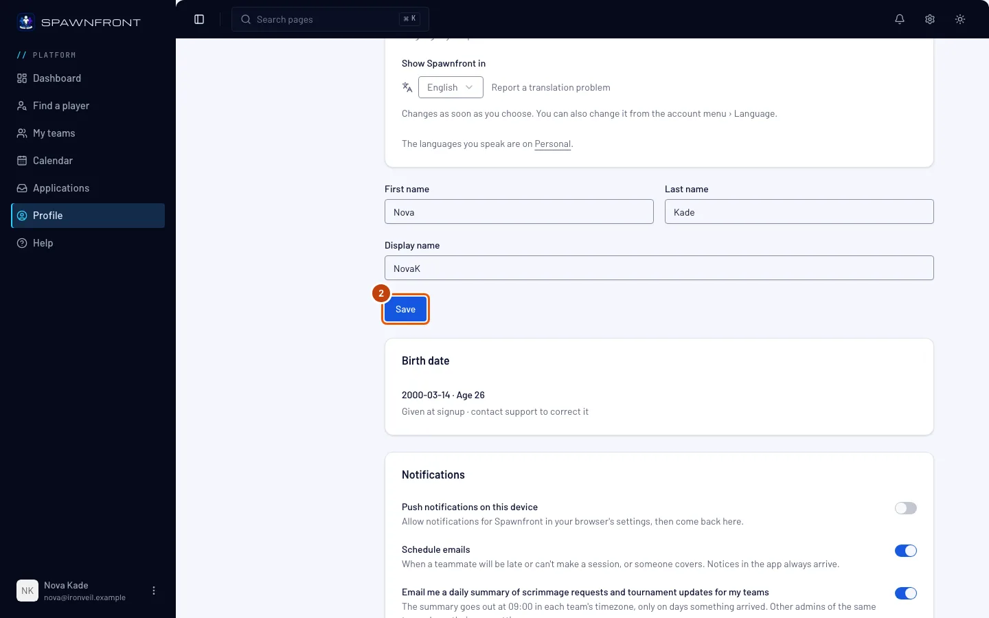 The Account section with the names filled in, and the Save button outlined.