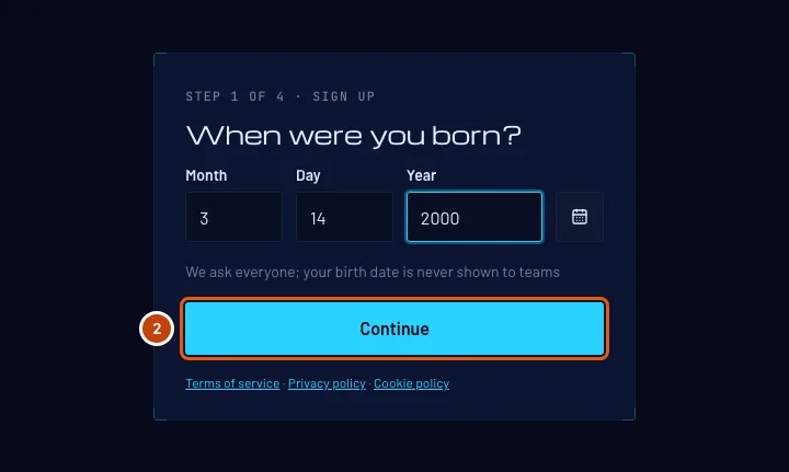 The birth date form, filled in, with the Continue button outlined.