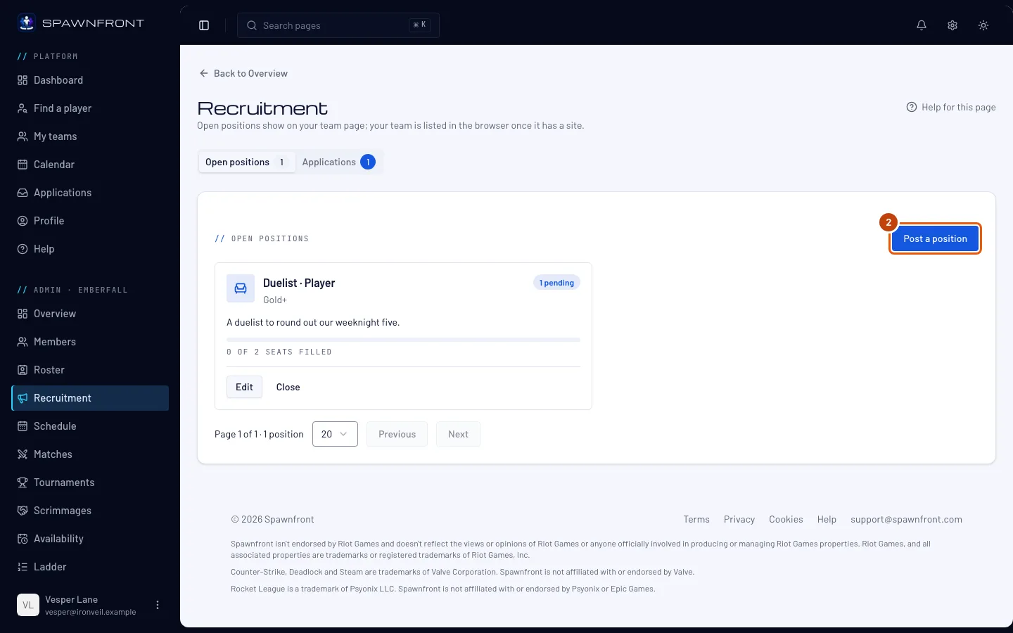 The Recruitment page, with the Post a position button outlined.
