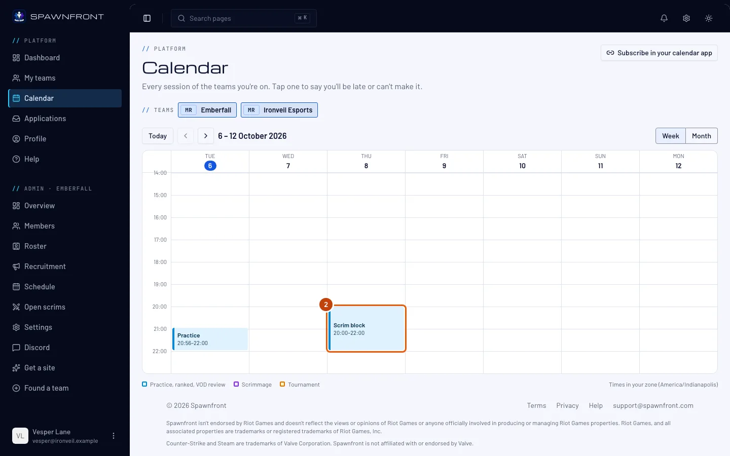 The Calendar's week, with a session block outlined.