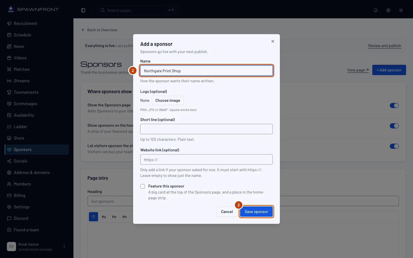 The Add a sponsor box, with the Name field and Save sponsor outlined.