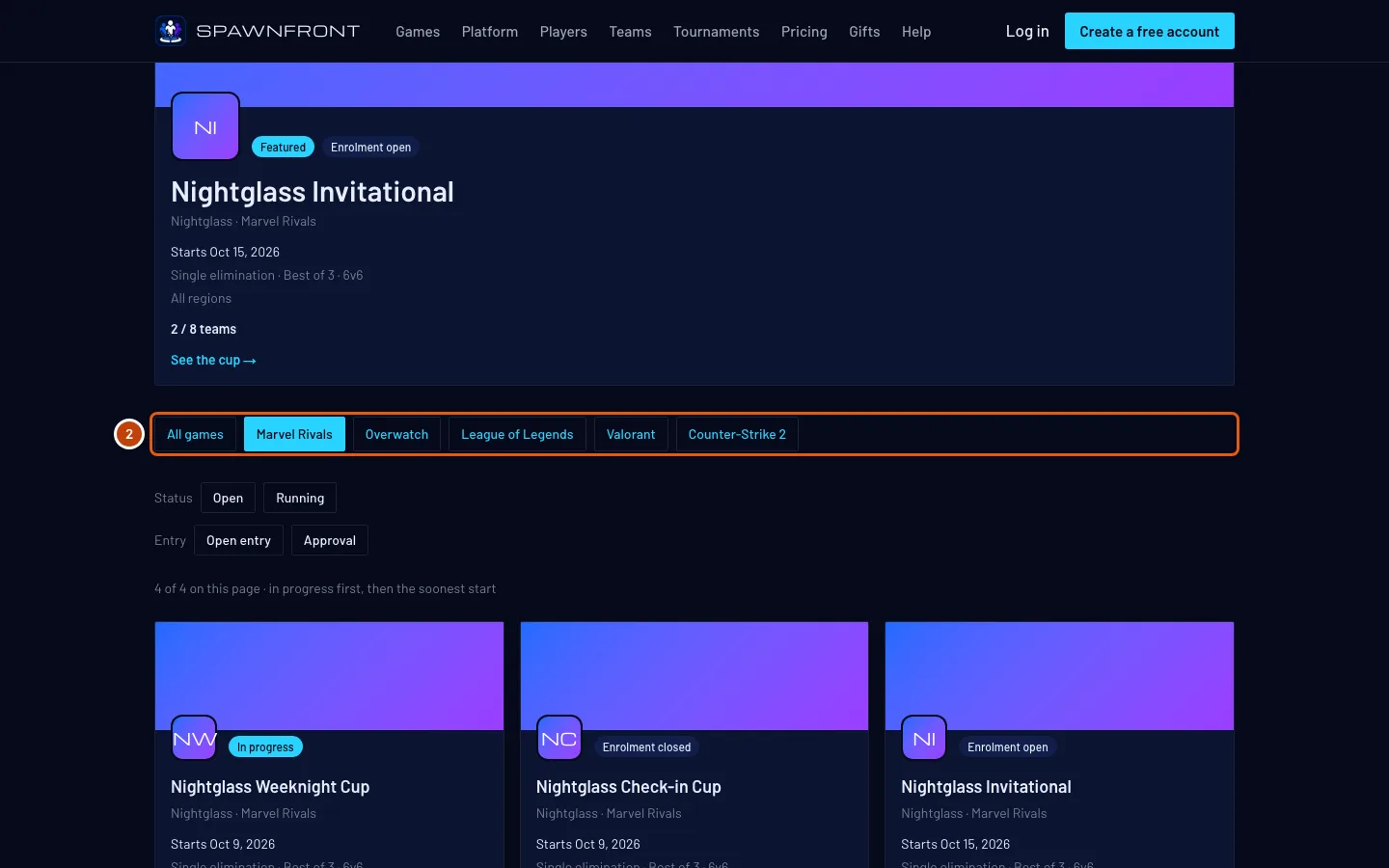 The row of games on the Marvel Rivals tournaments page, outlined.