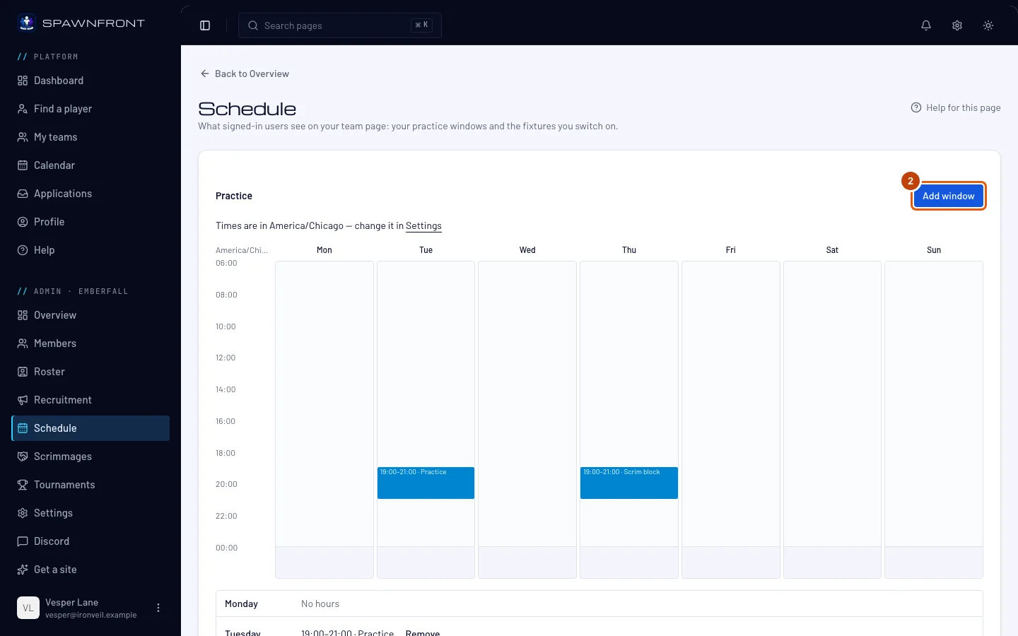 The Schedule page, with the Add window button outlined.