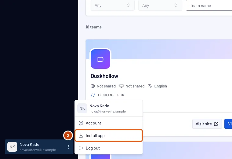 The open account menu, with Install app outlined.