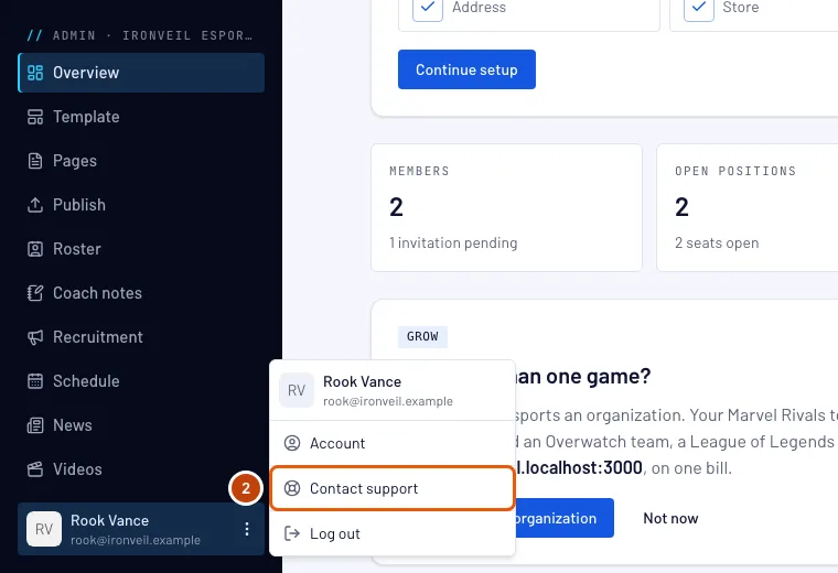 The open account menu, with Contact support outlined.