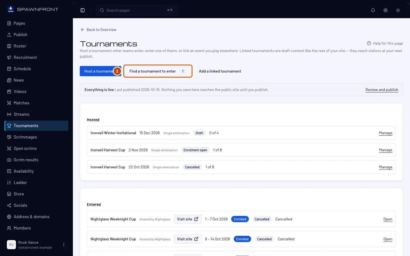 The Tournaments page, with the Find a tournament to enter button outlined.