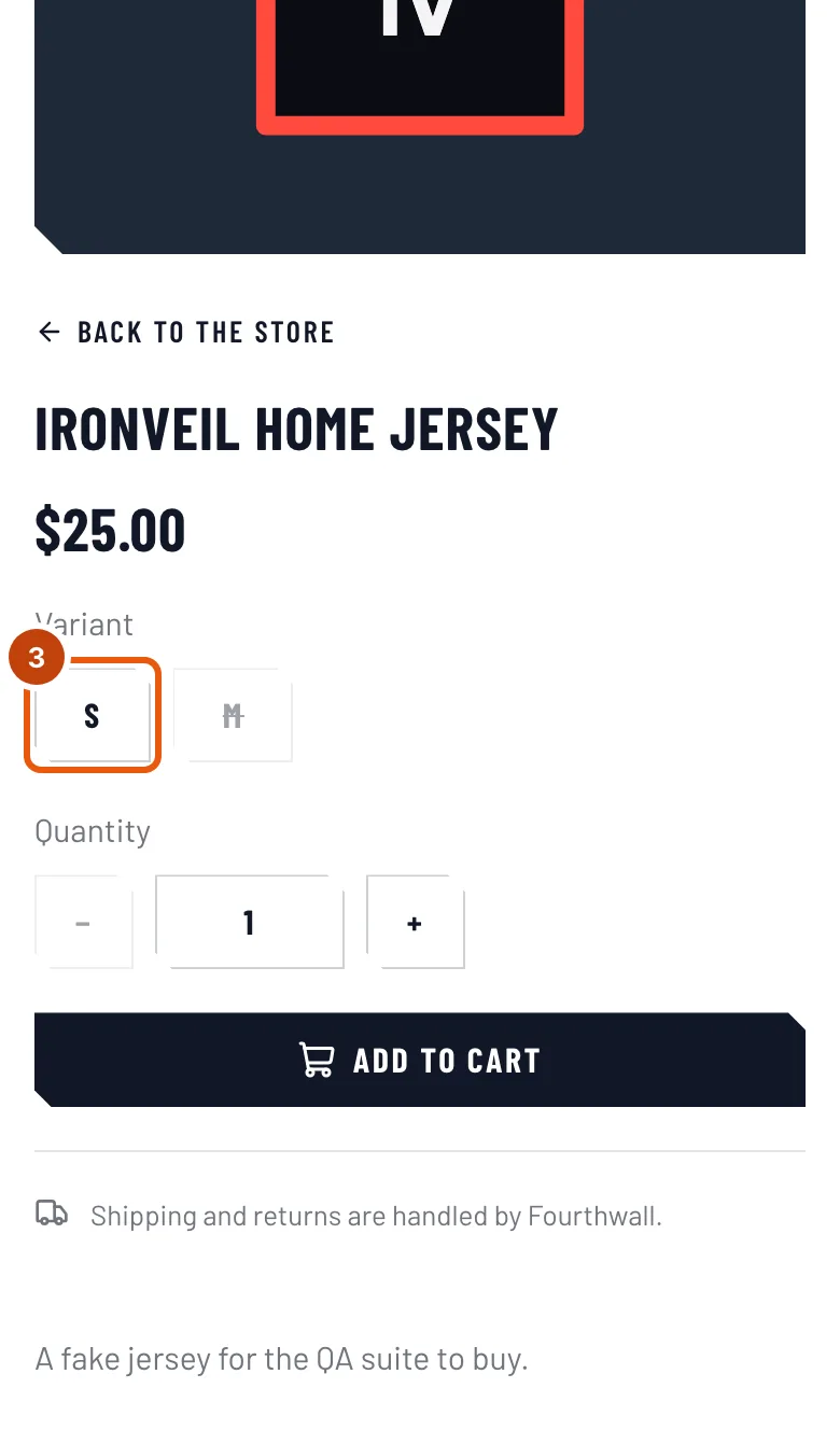 The jersey's page, with its S size outlined and the sold-out M struck through beside it.