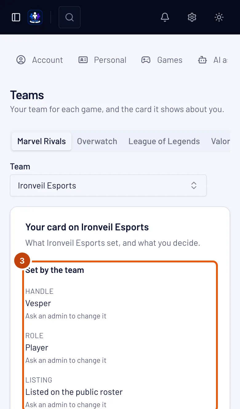 Your card on Ironveil Esports, with the Set by the team section outlined.