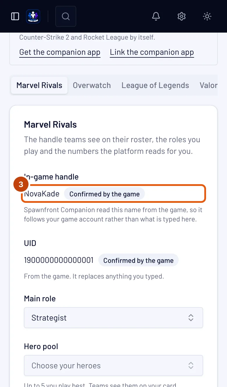 The Marvel Rivals card, with the In-game handle box outlined.