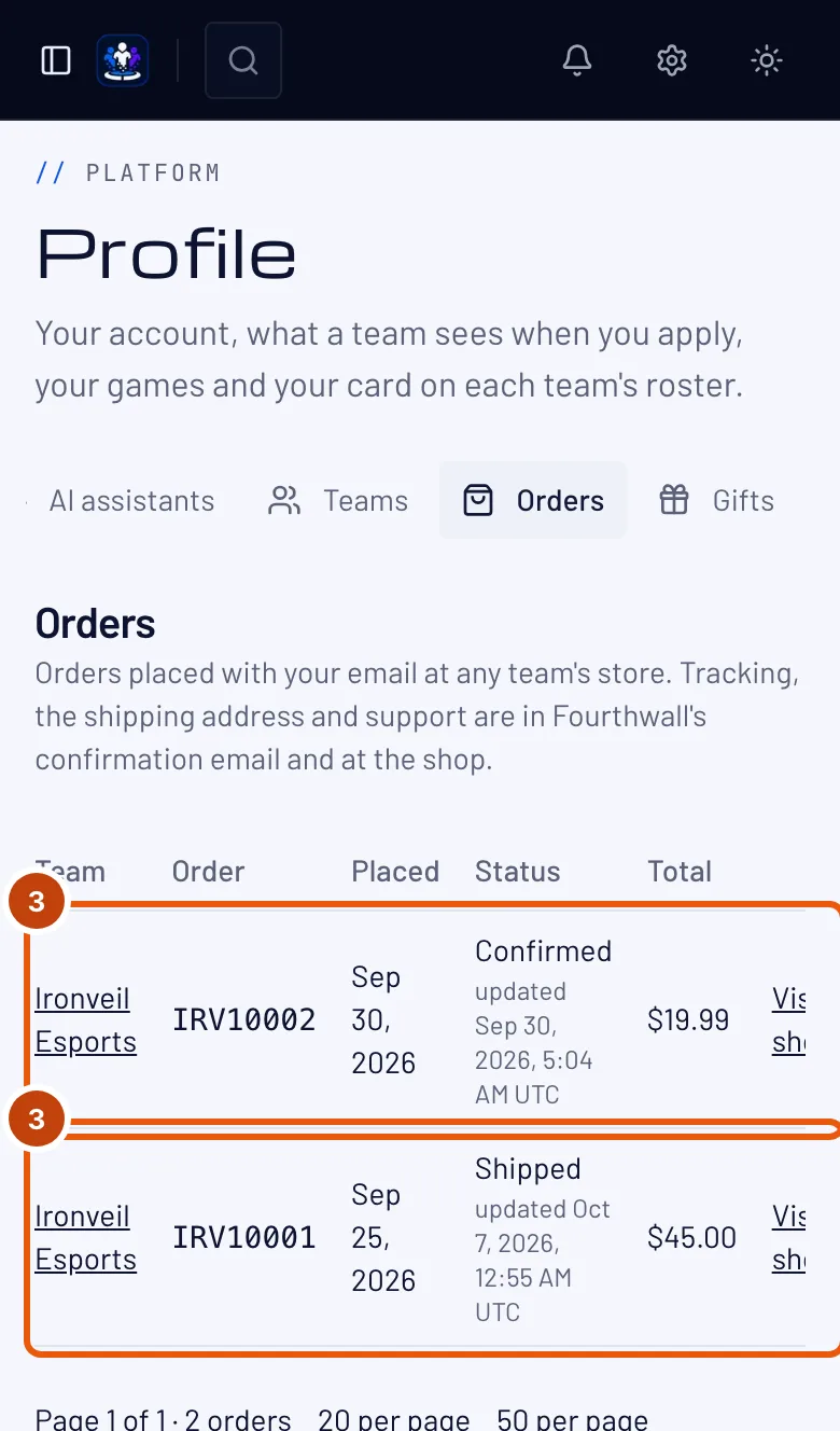 Orders, with the two orders from Ironveil Esports outlined.