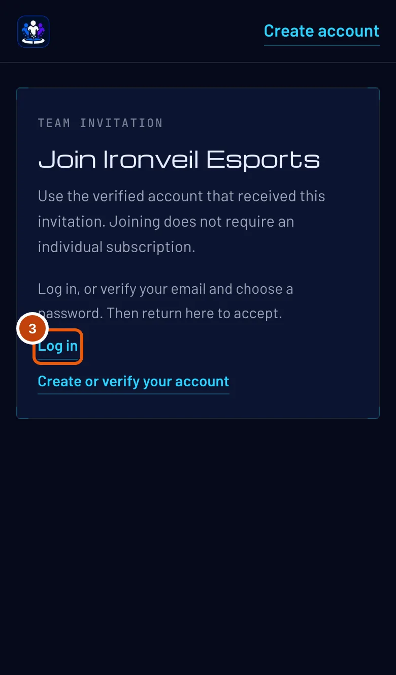 The invitation page's Log in and Create or verify your account links, with Log in outlined.