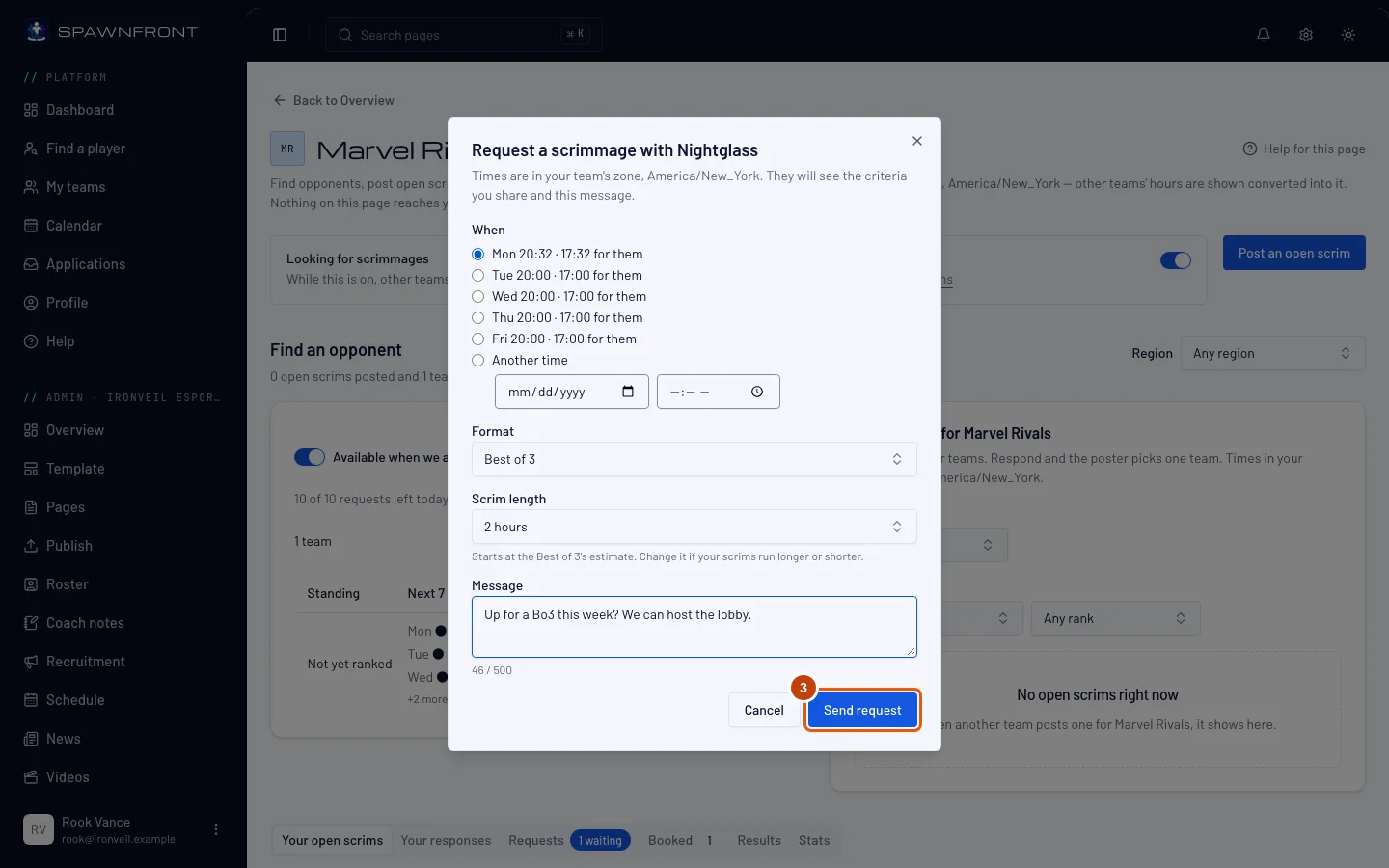 The request box for Nightglass, a time picked and a message written, with the Send request button outlined.