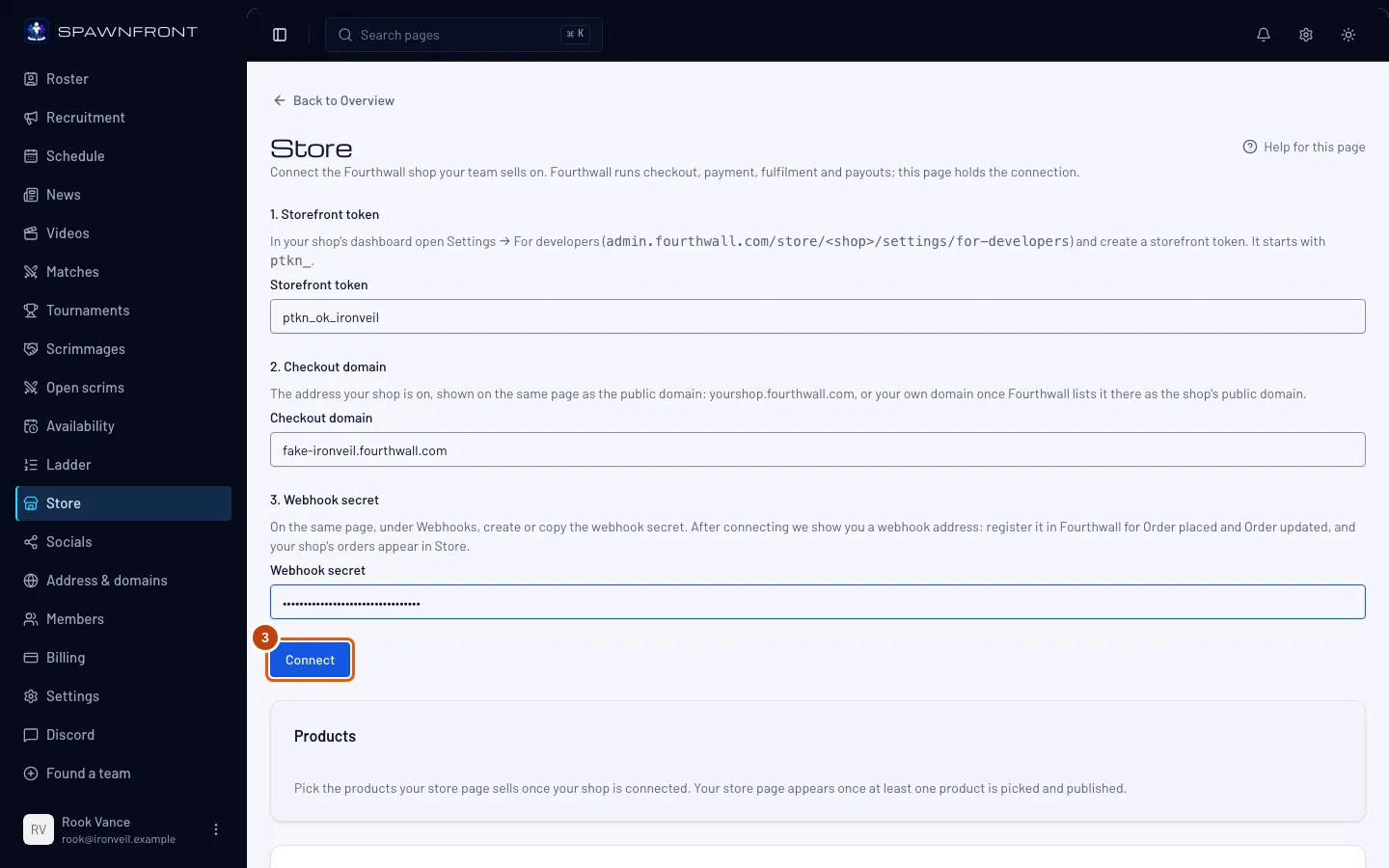 The Store page's connect form, filled in, with the Connect button outlined.