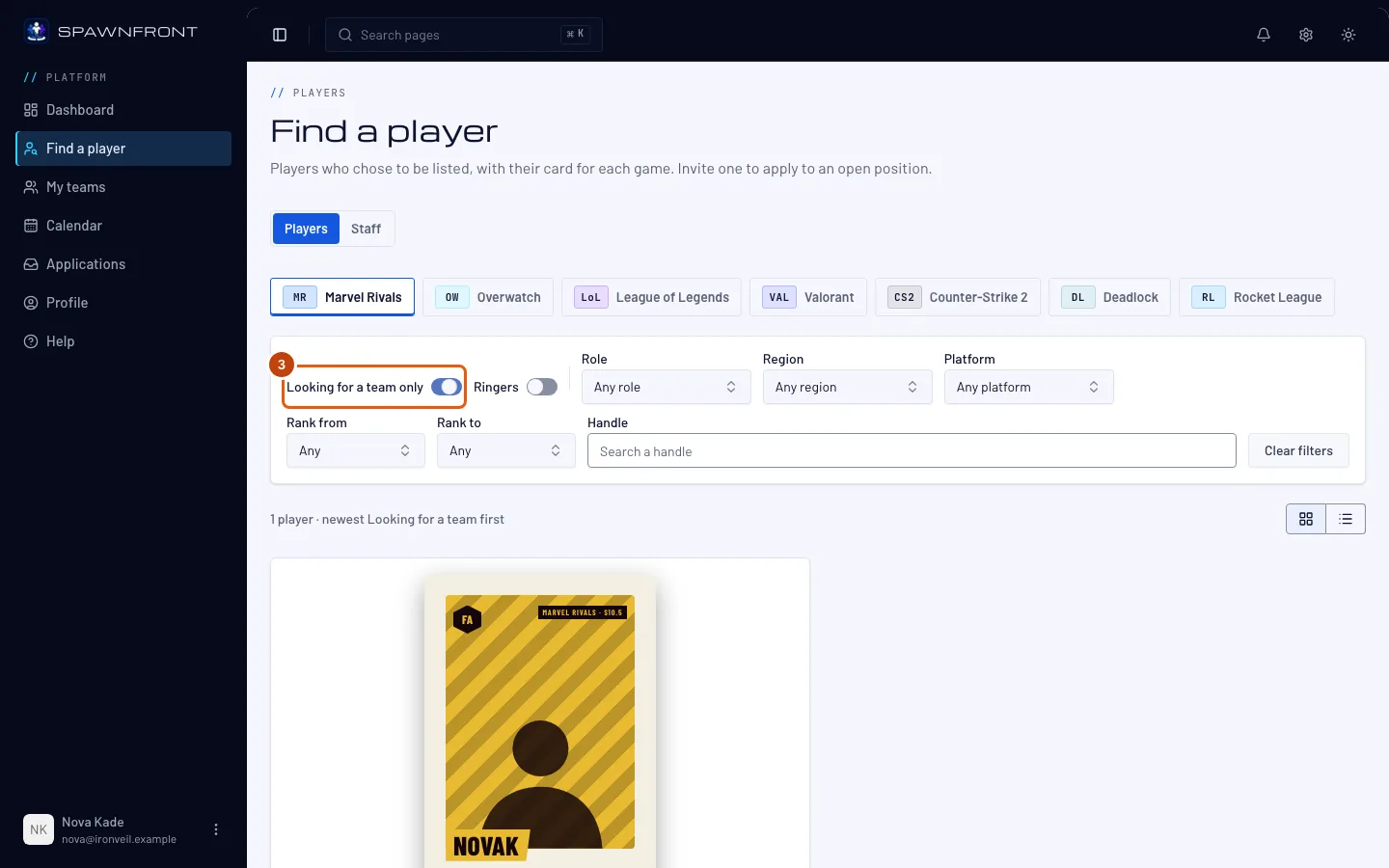 The filters, with the Looking for a team only switch turned on and outlined.