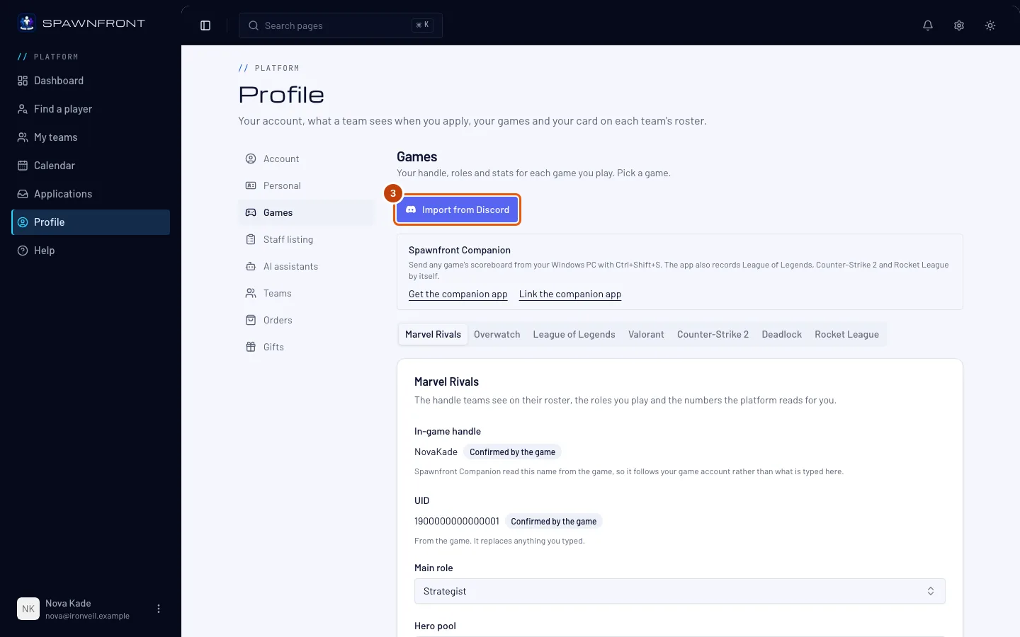 The Games section, with Import from Discord outlined above the game tabs.