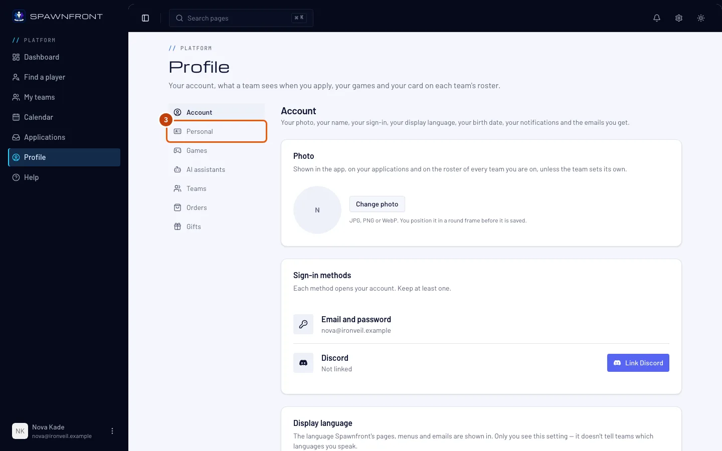 The Profile page, with Personal outlined in the section list.