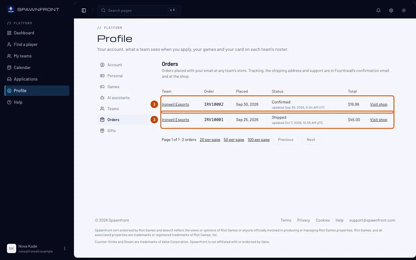 Orders, with the two orders from Ironveil Esports outlined.