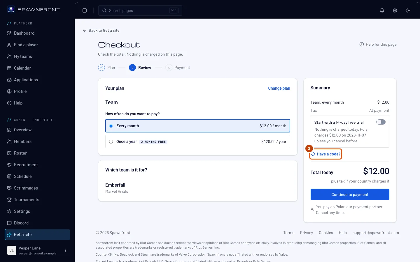 The Checkout page's Summary, with Have a code? outlined.