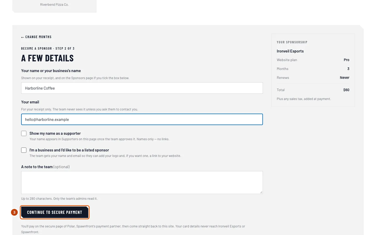A few details filled in, with Continue to secure payment outlined.