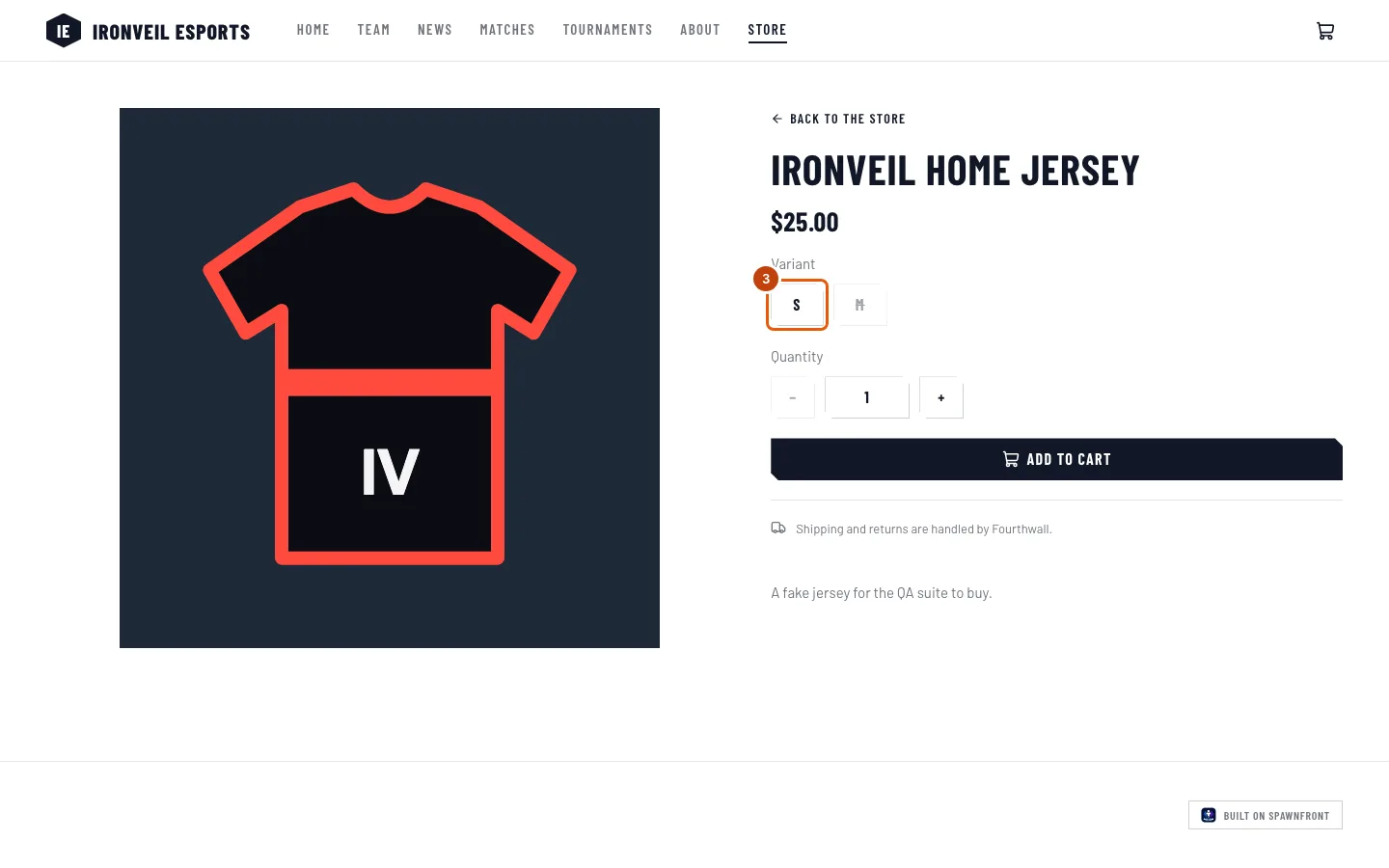 The jersey's page, with its S size outlined and the sold-out M struck through beside it.