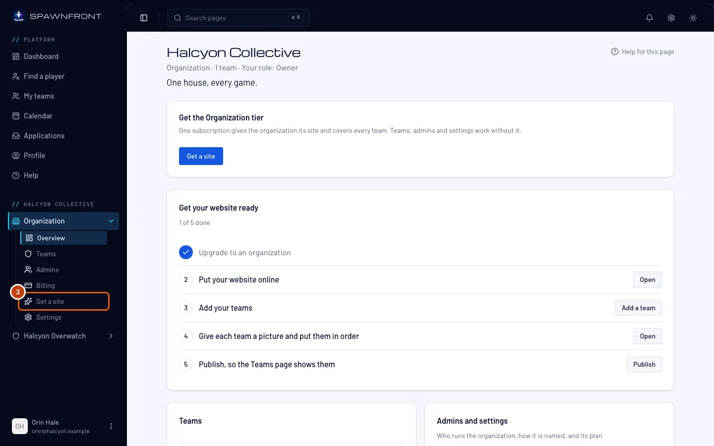 An organization's Overview, with Get a site under Organization in the menu on the left outlined.