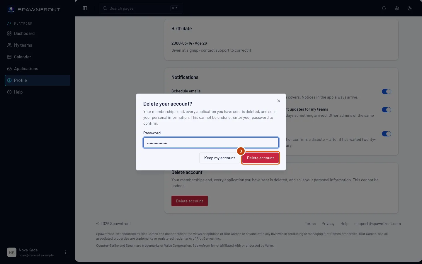 The Delete your account? box with a password typed in, and its Delete account button outlined.