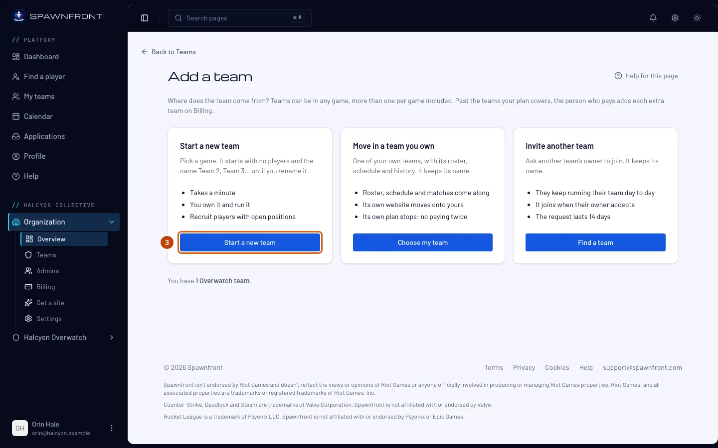 The Add a team page, with the Start a new team button outlined.