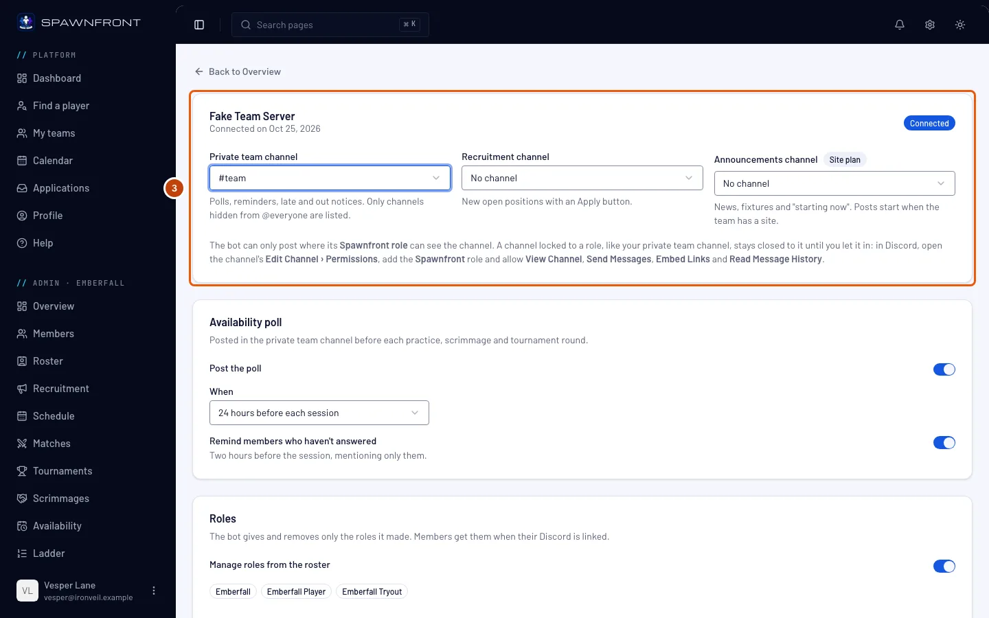 The connected server's card, with the private team channel set to #team and the recruitment and announcements pickers beside it.