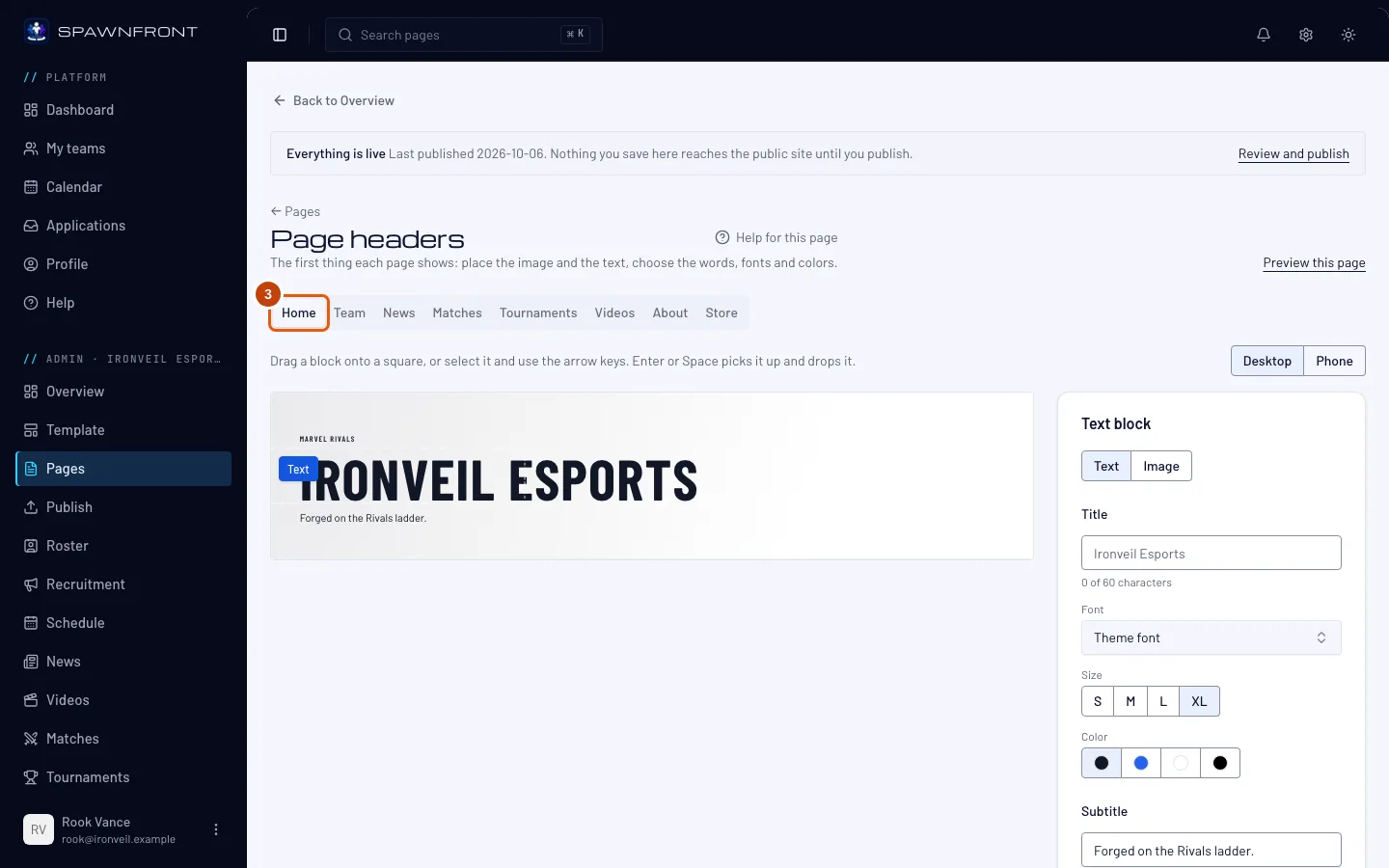 The Page headers editor, with the Home tab outlined.