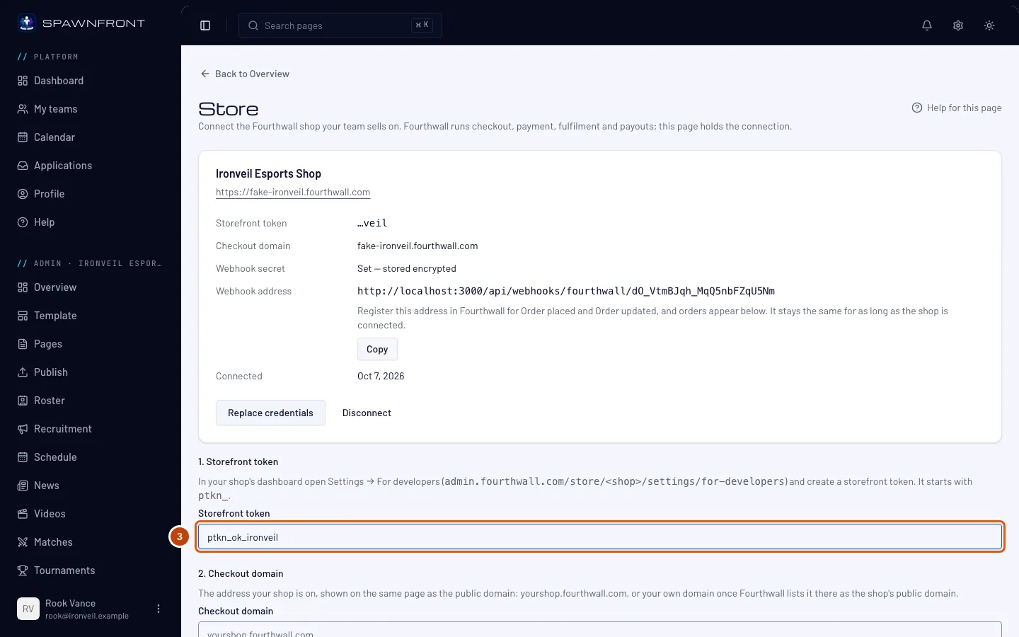 The replace form, with the filled Storefront token field outlined.