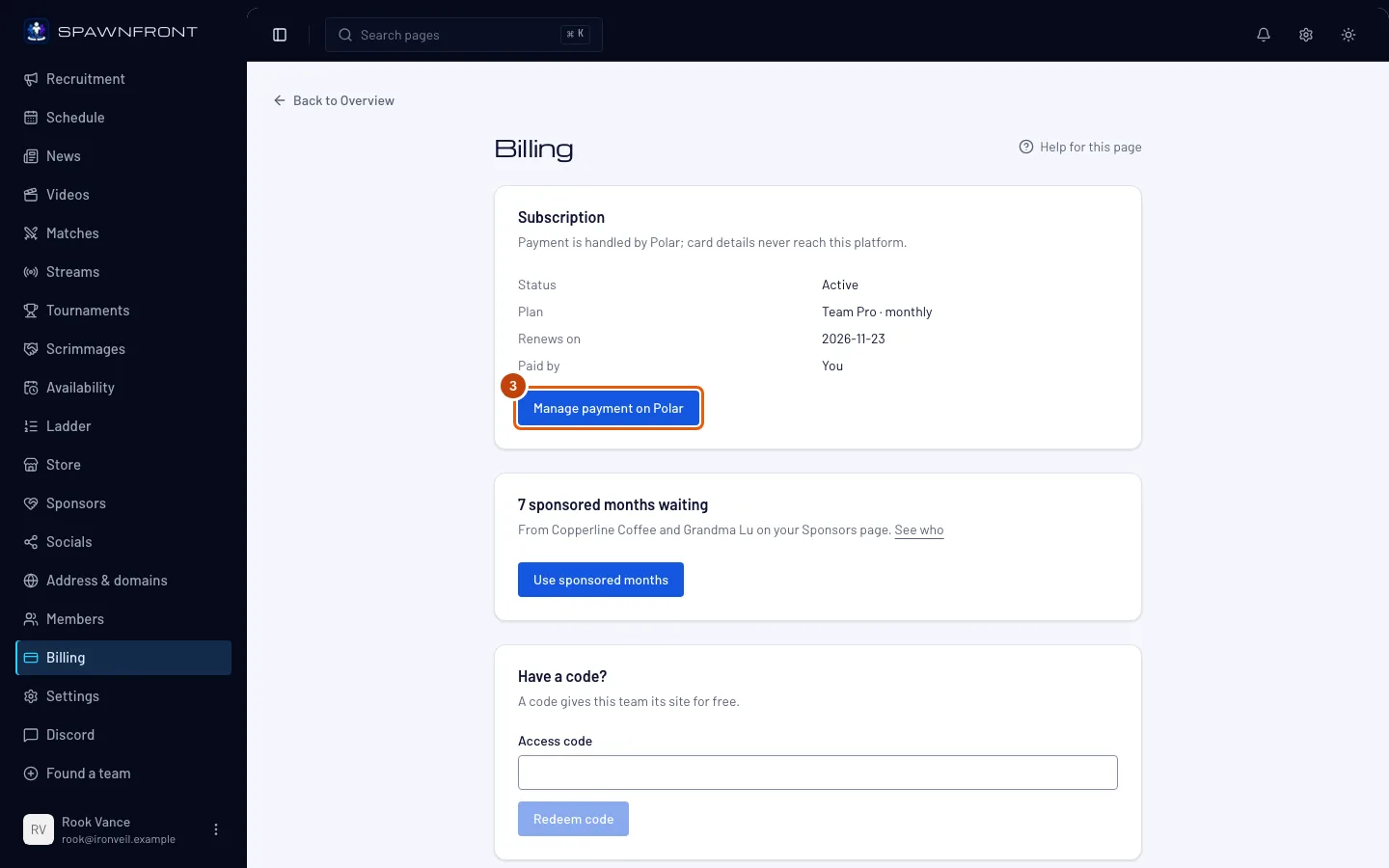 The Subscription card, with the Manage payment on Polar button outlined.