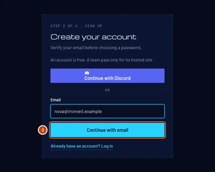 The Create your account form with an email typed in, and the Continue with email button outlined.