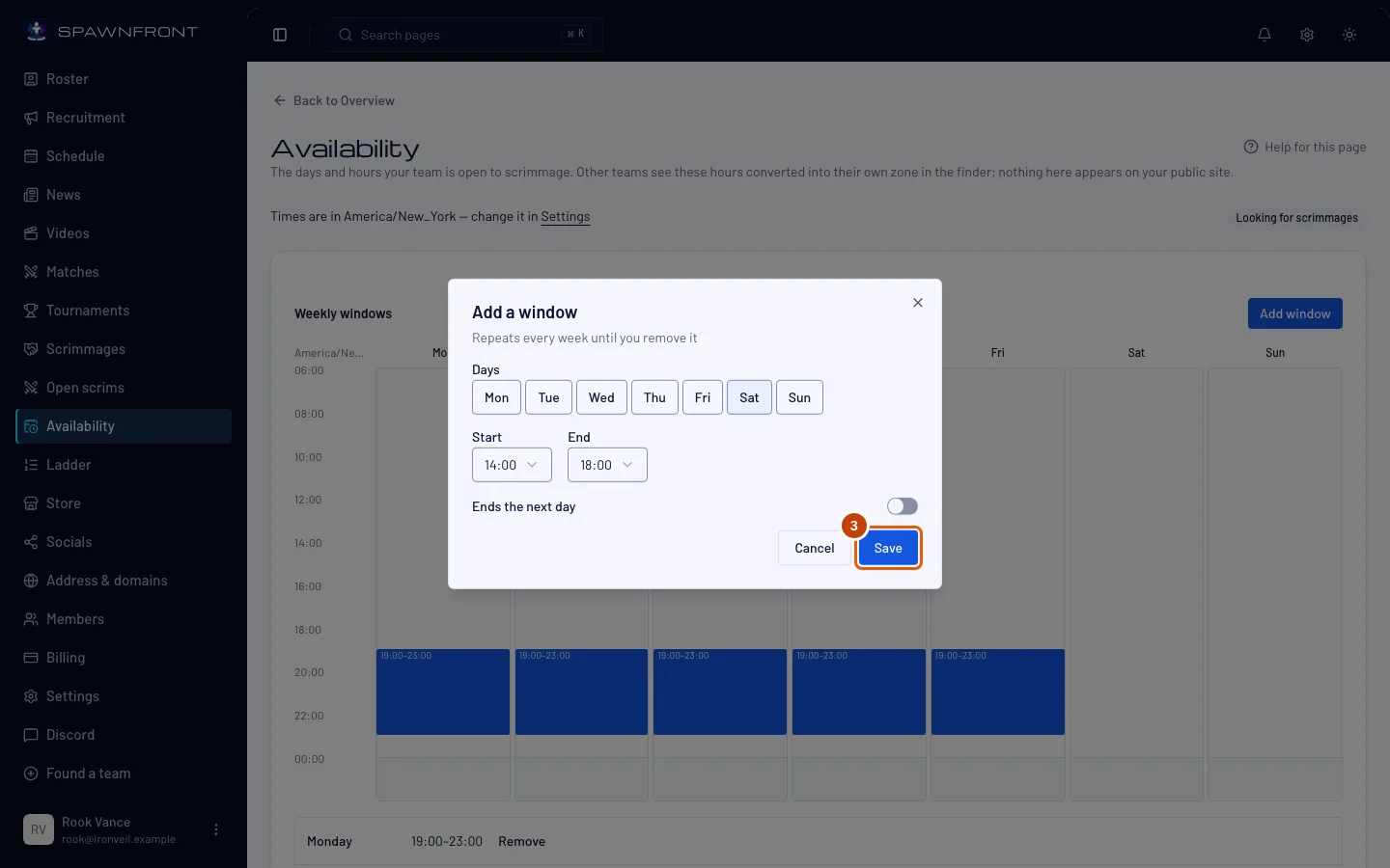 The Add a window box with Saturday picked, 14:00 to 18:00, and the Save button outlined.