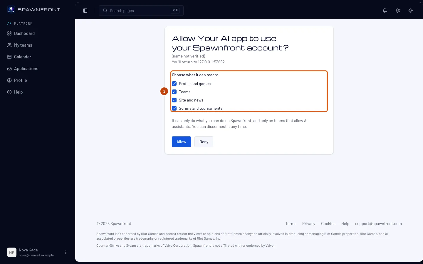 The Spawnfront page that approves an AI assistant, with the four areas outlined.