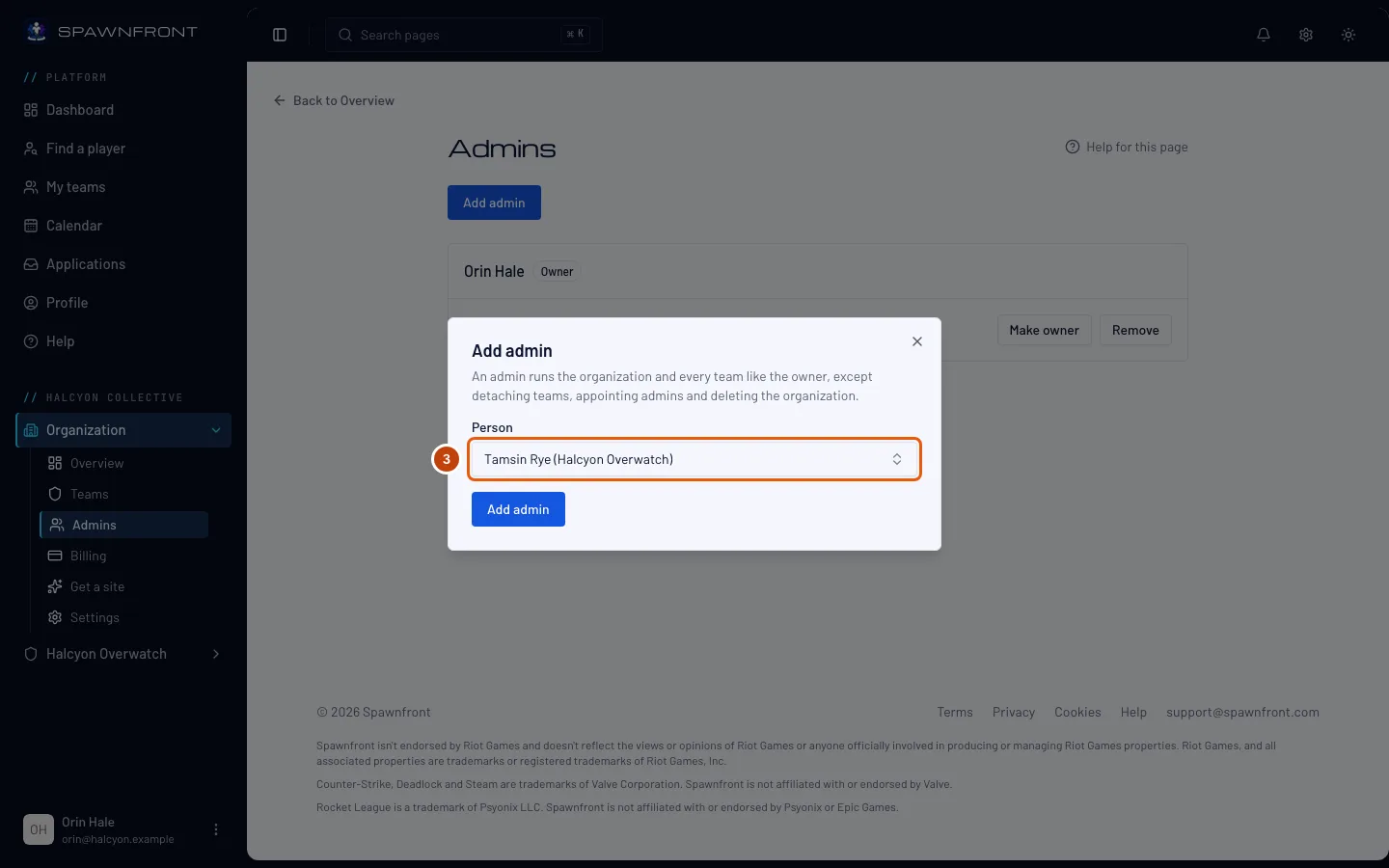 The Add admin box, with a team member chosen in the Person box, outlined.