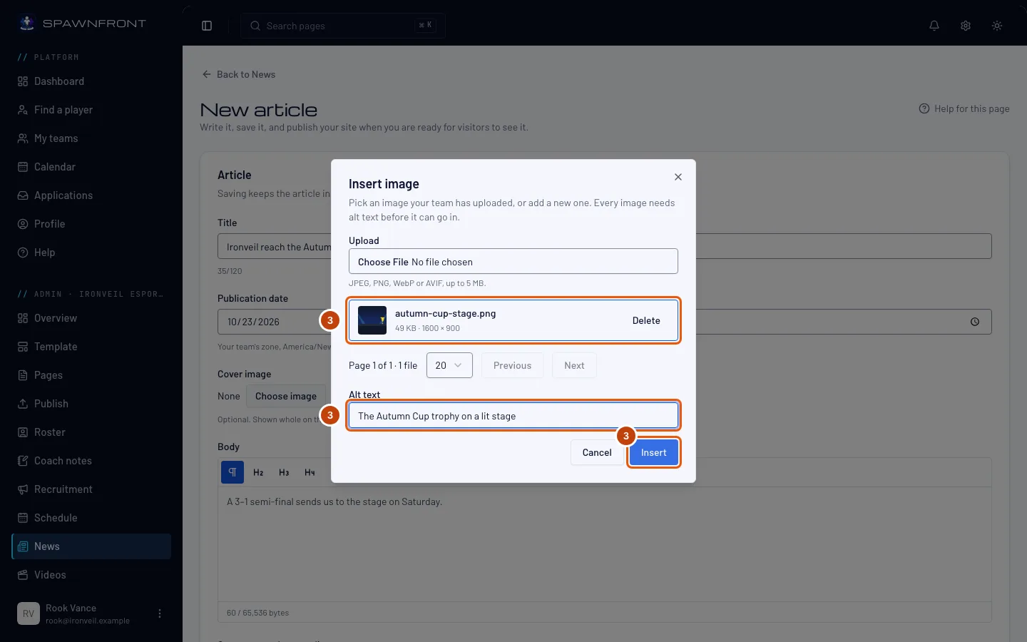 The Insert image box with a picture picked, its Alt text field and the Insert button outlined.