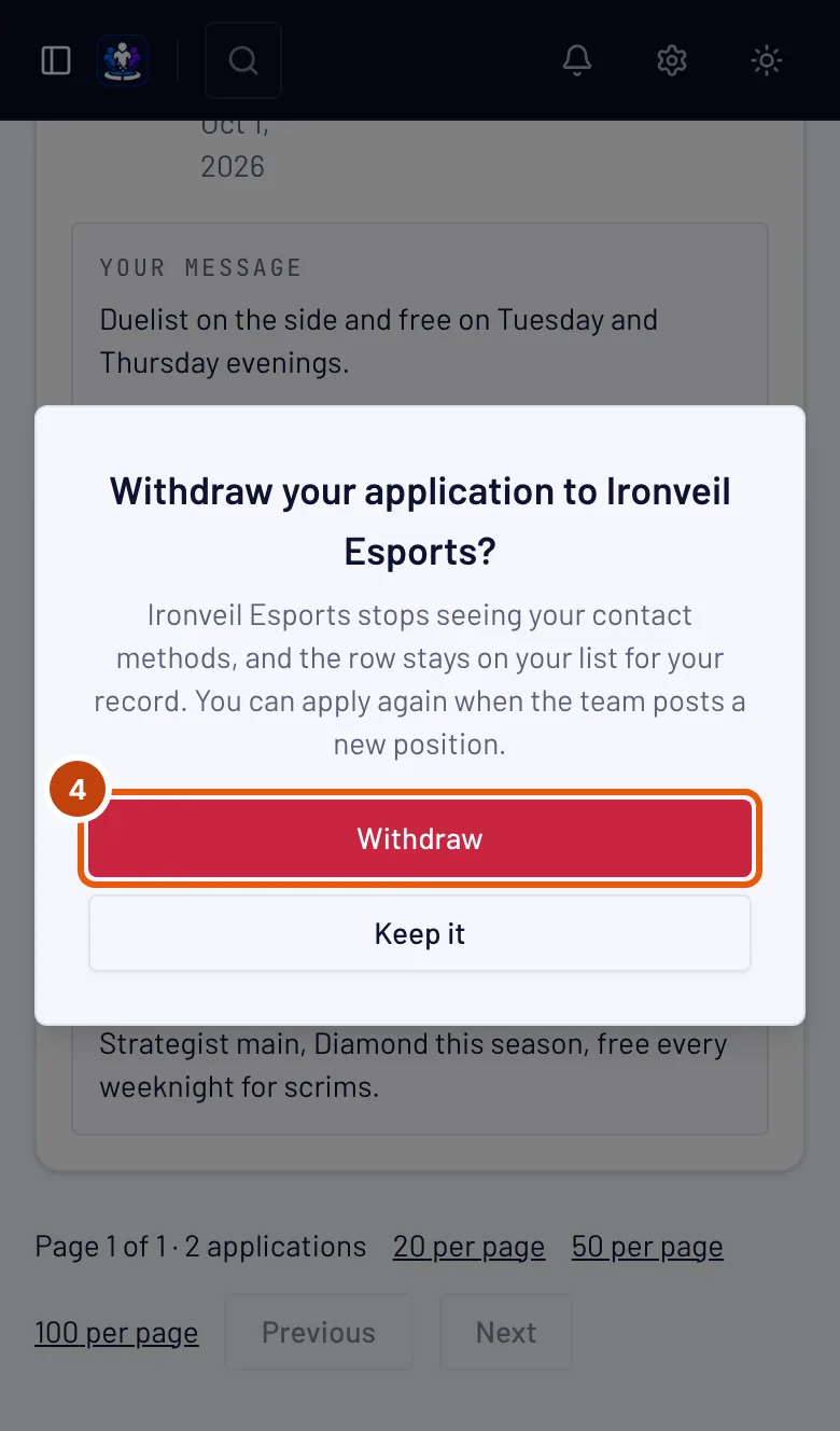 The Withdraw your application box, with its Withdraw button outlined.