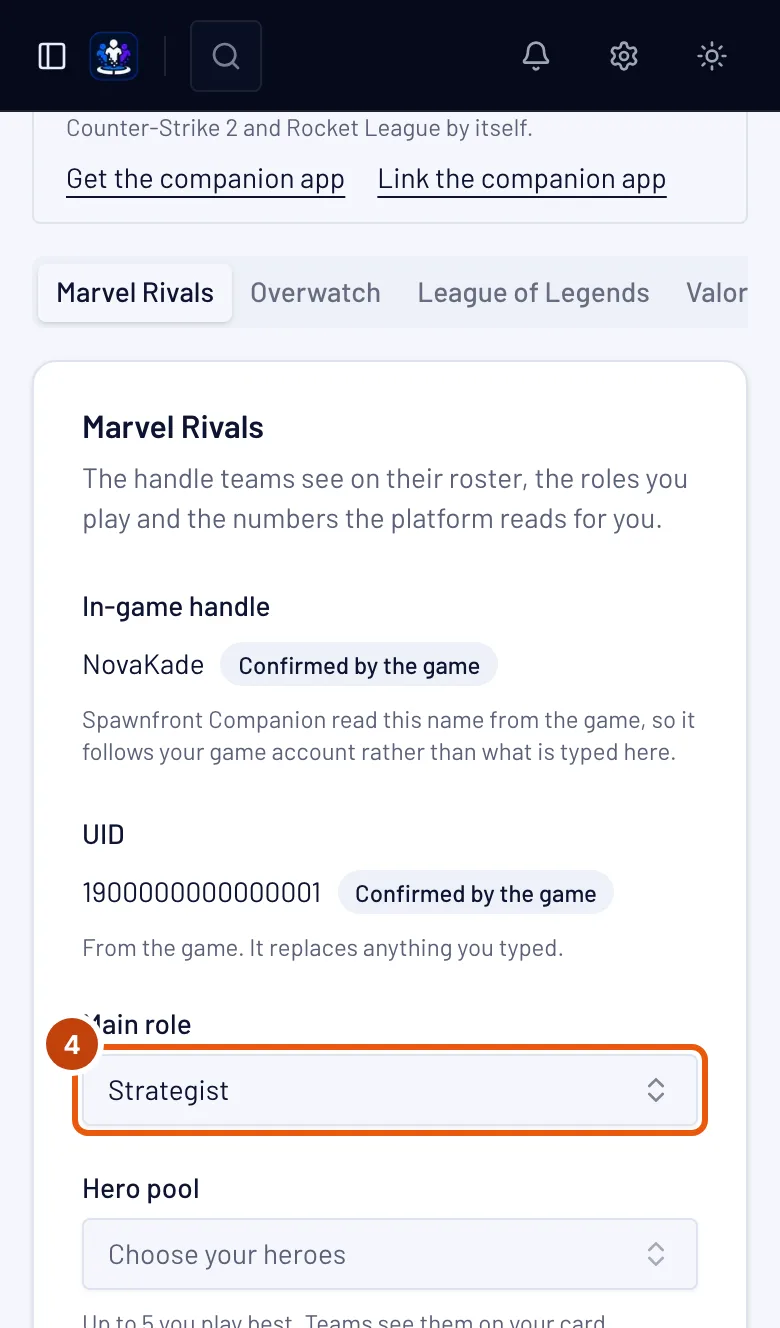 The Marvel Rivals card, with the Main role, Hero pool and Platform boxes outlined.