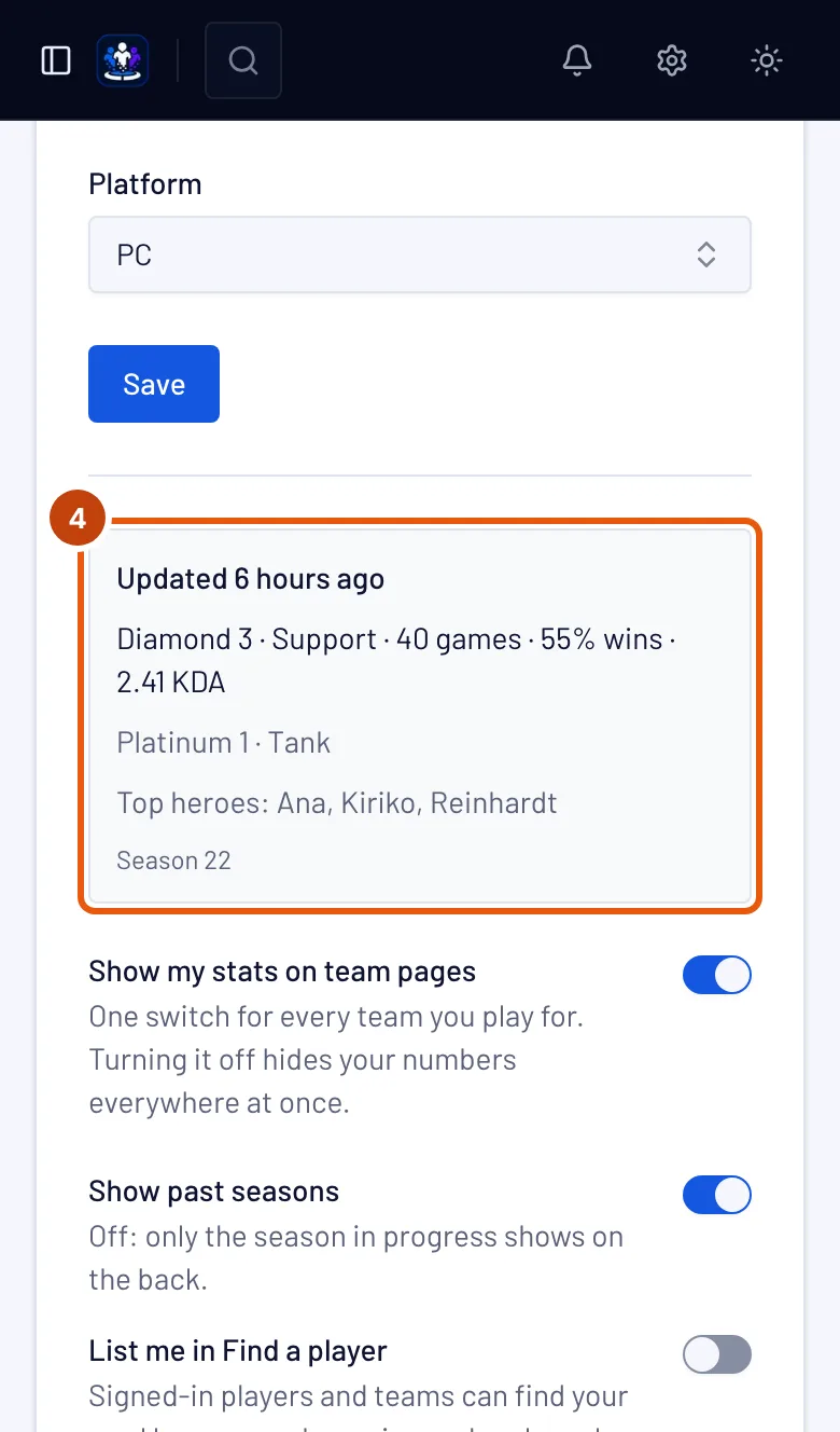 The Overwatch identity box, updated with the player's rank and numbers, outlined.