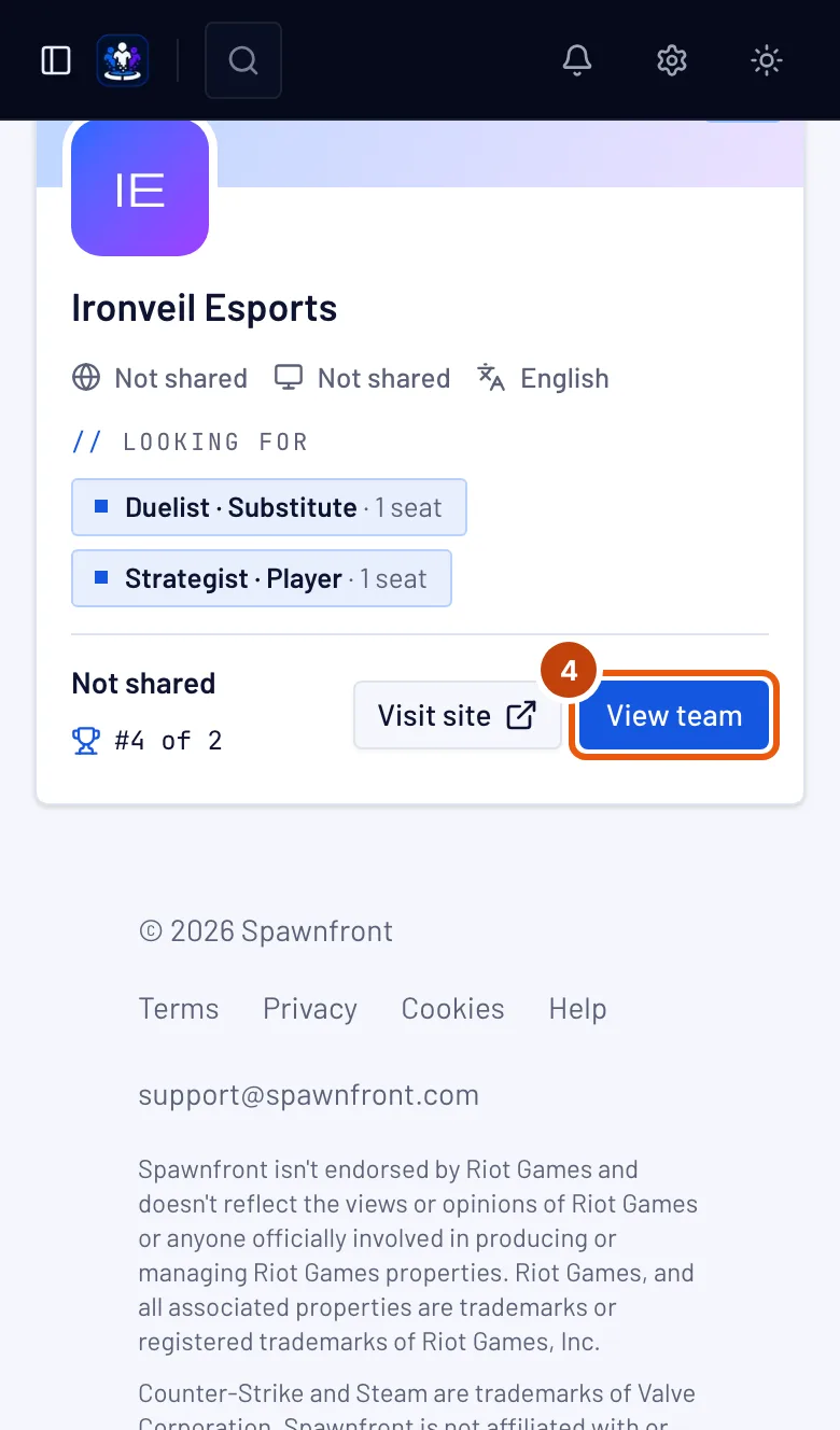 A team's card, with its View team button outlined.