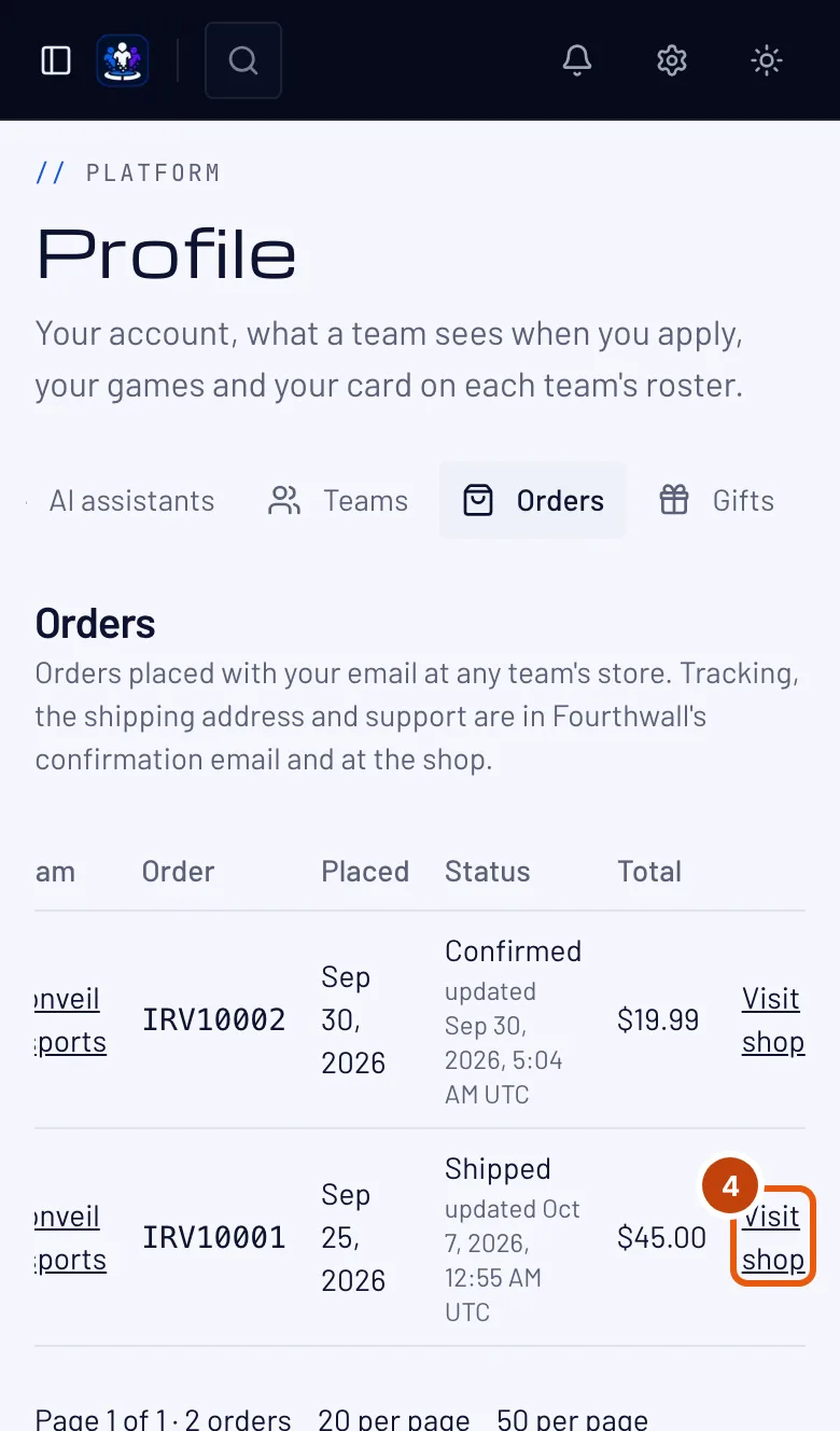 An order's row, with its Visit shop link outlined.