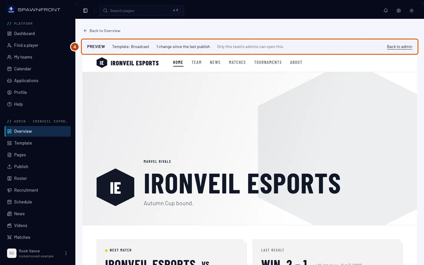 The draft preview of the team's site, with the Preview bar at the top outlined.