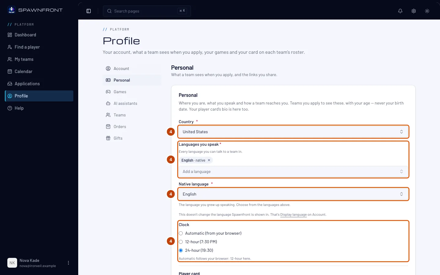 The Personal section, with the Country box, Languages you speak, Native language and the Clock choices outlined.