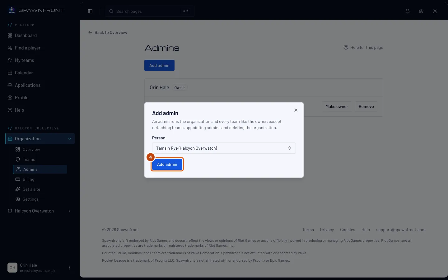 The Add admin box, with its Add admin button outlined.