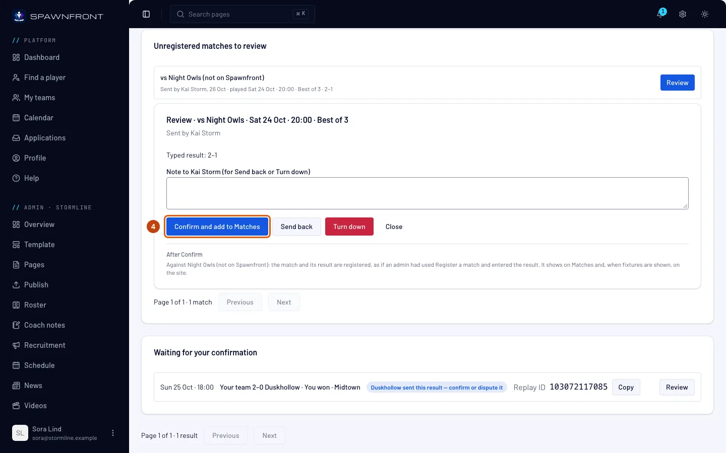 Confirm and add to Matches, outlined.