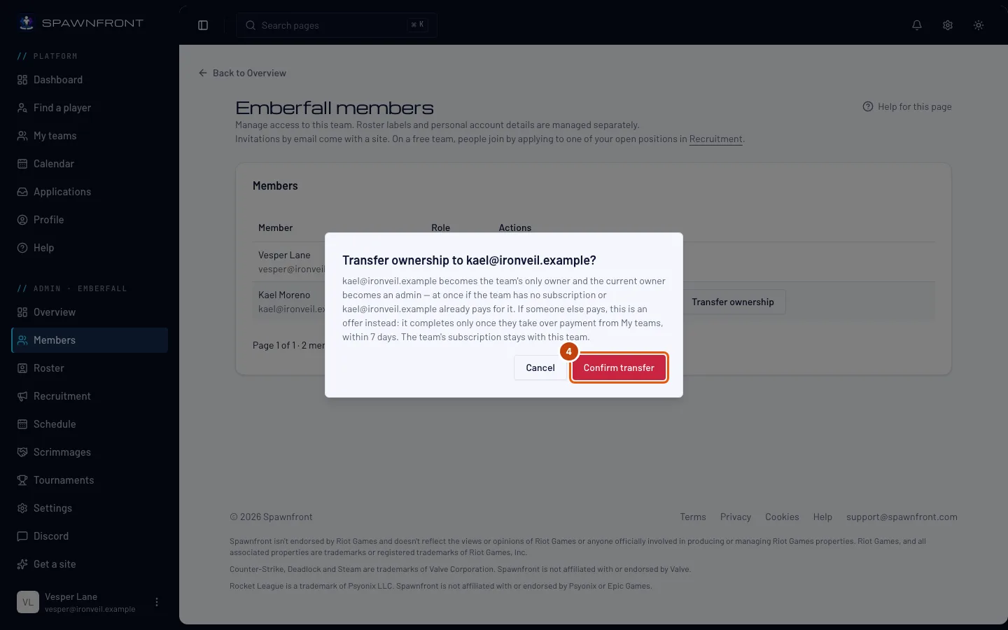 The Transfer ownership box, with its Confirm transfer button outlined.