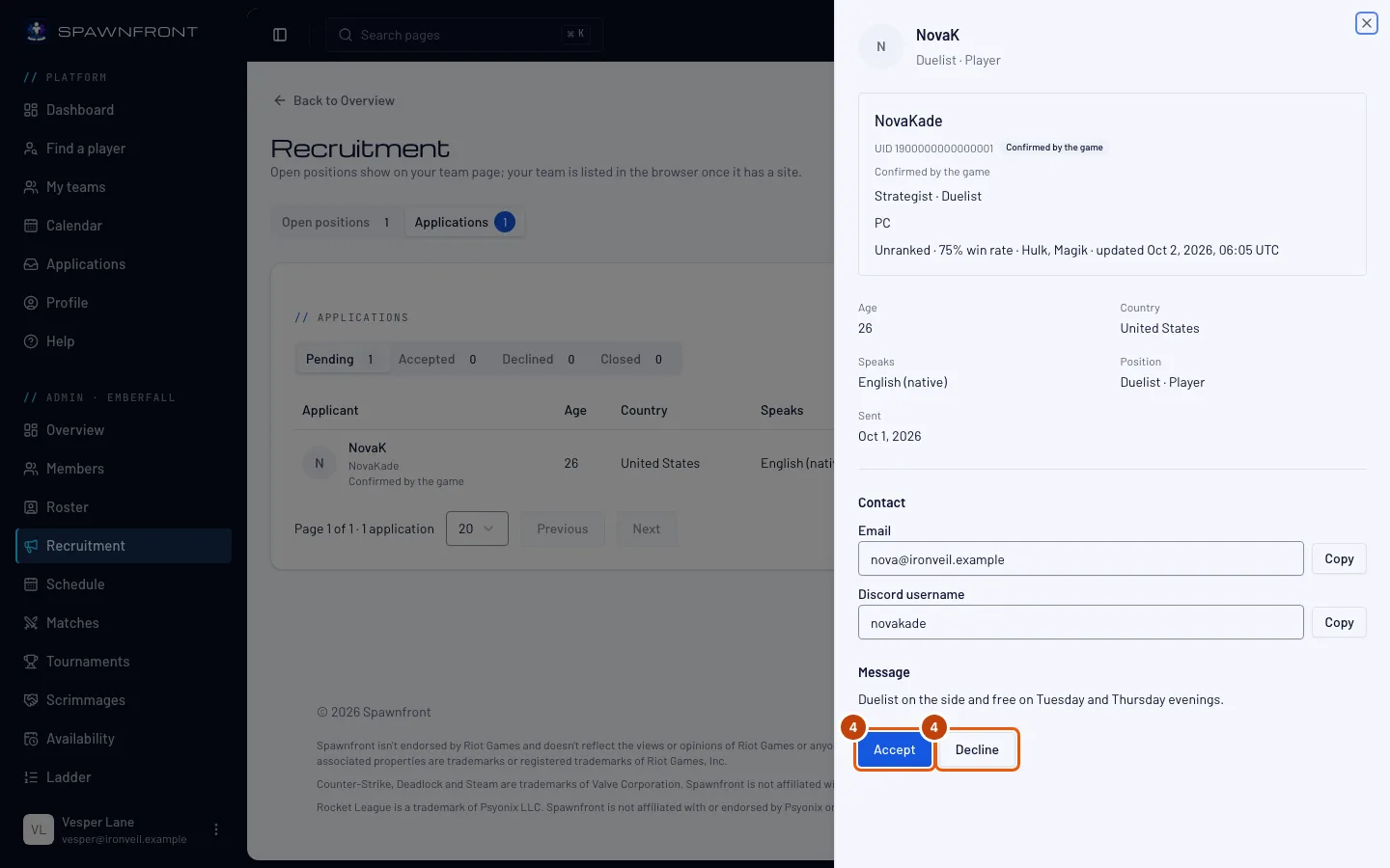 The applicant's card, with the Accept and Decline buttons outlined.