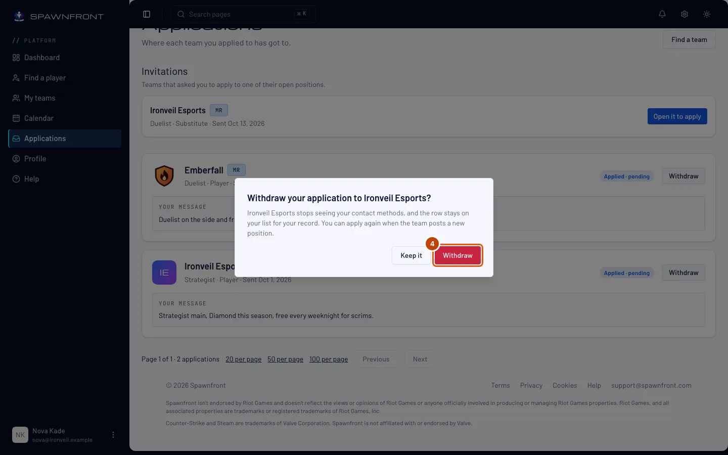 The Withdraw your application box, with its Withdraw button outlined.