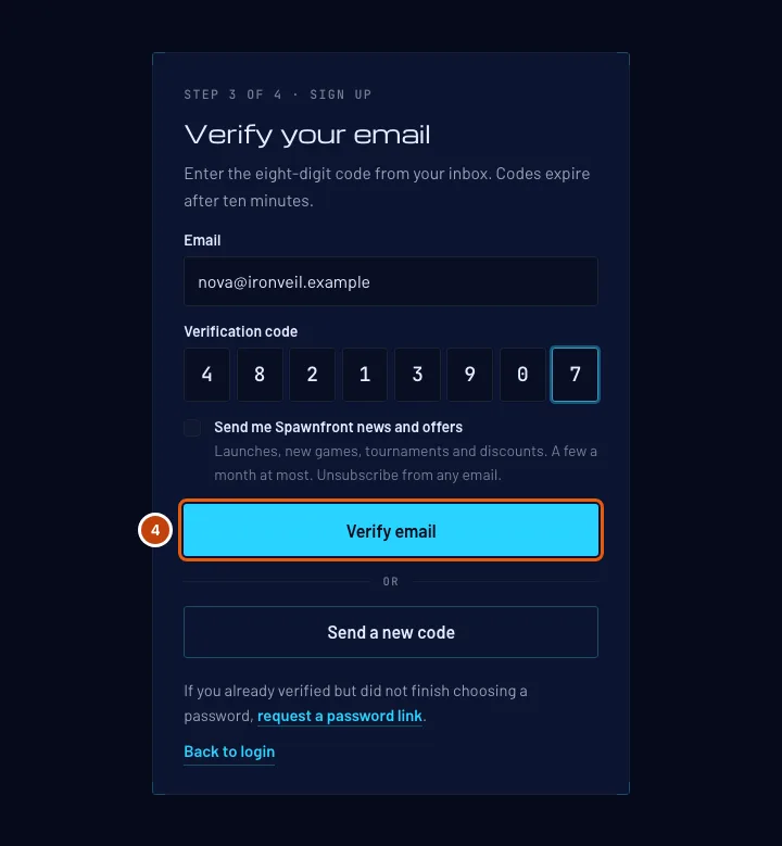 The Verify your email page with a code typed in, and the Verify email button outlined.