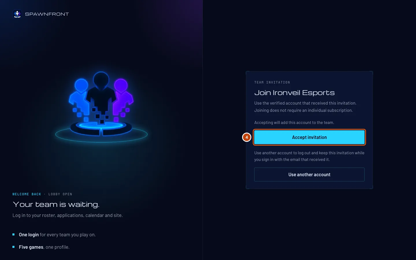 The invitation to join Ironveil Esports, with the Accept invitation button outlined.